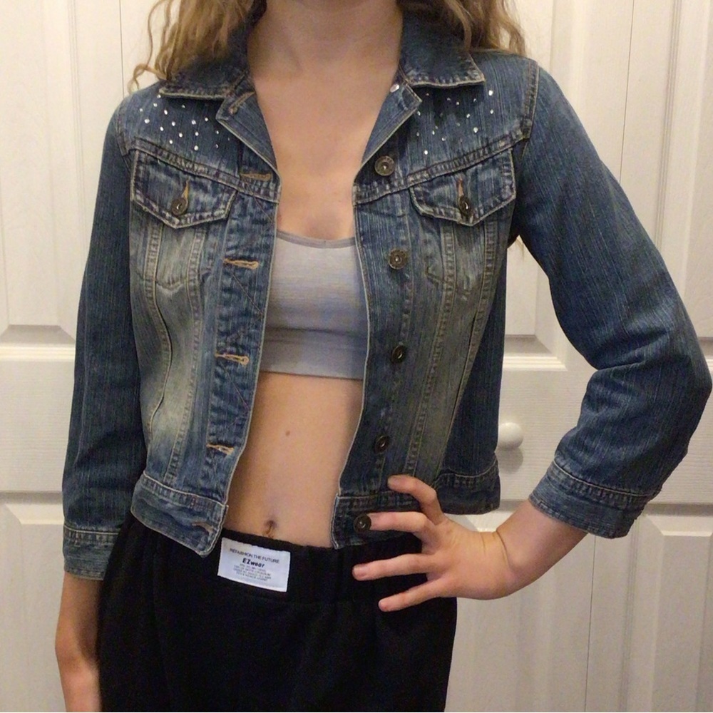 Riders Vintage Juniors Distressed Embellished Cropped Denim Jacket Size Small